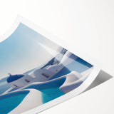 Extra large wall art featuring line art flowers over a scenic Santorini backdrop, printed on rolled canvas.