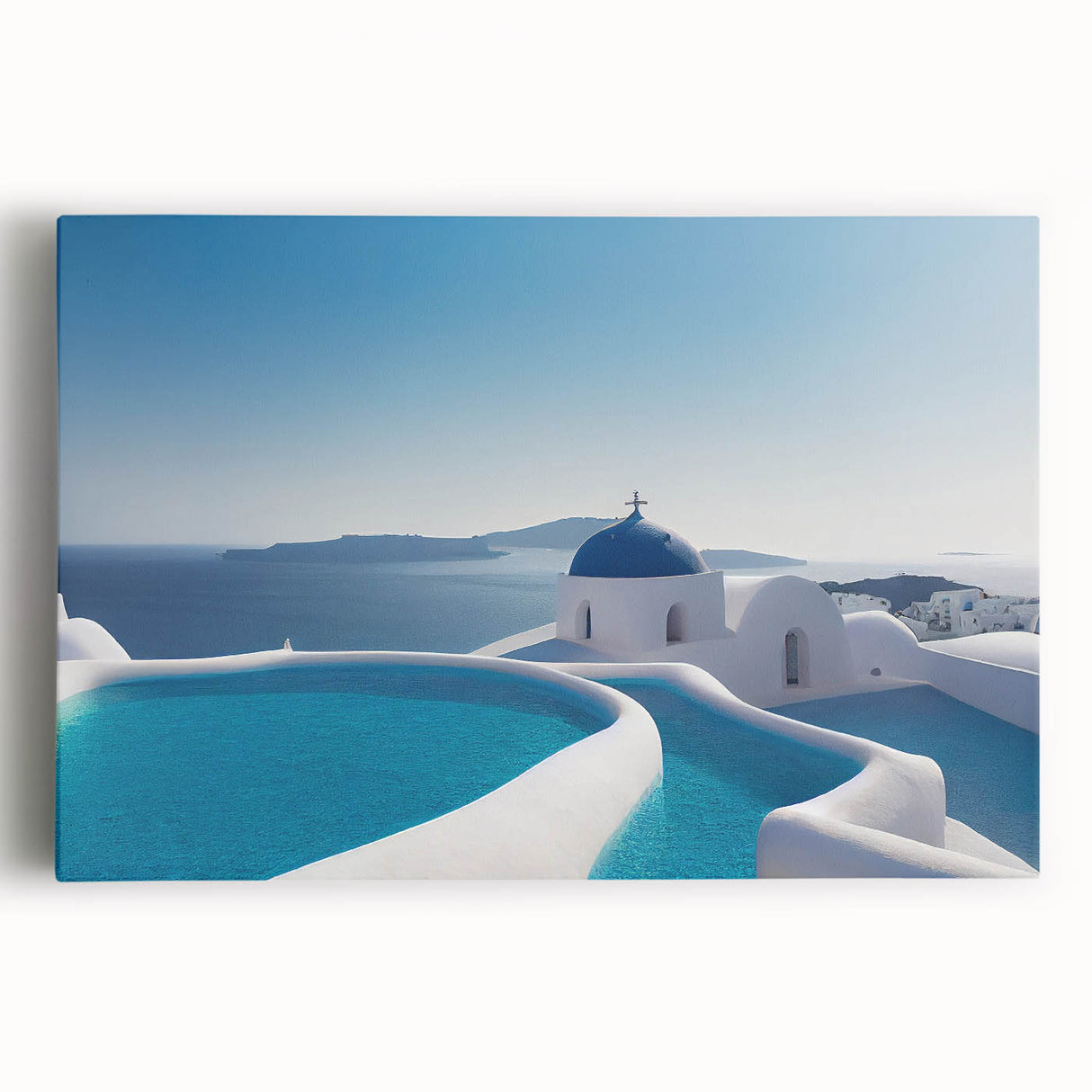 Black and white stretched canvas of Santorini scenery, ideal for kitchen wall art or bedroom ambiance.