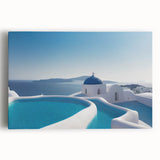 Black and white stretched canvas of Santorini scenery, ideal for kitchen wall art or bedroom ambiance.