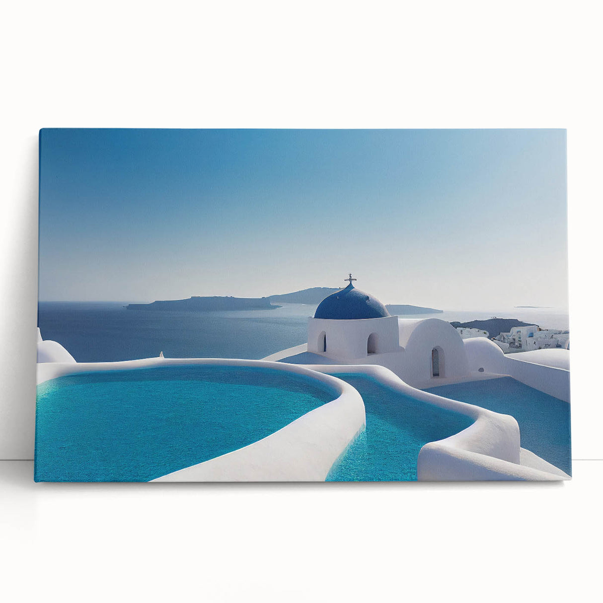 Black and white photo of Santorini on stretched canvas, ideal for kitchen art.