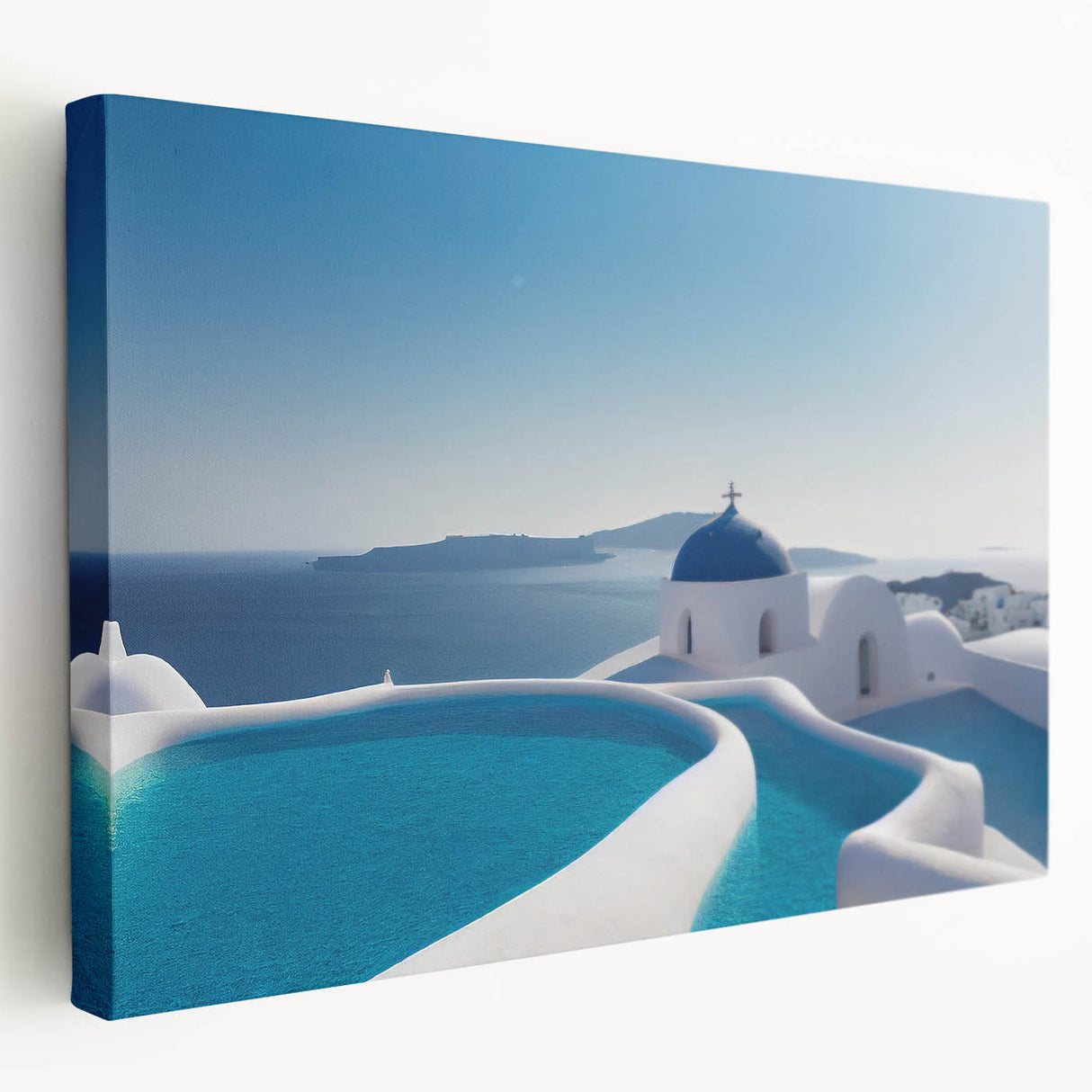 Side view of a stretched canvas featuring a serene Santorini landscape in vibrant blue and white tones.
