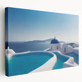 Side view of a stretched canvas featuring a serene Santorini landscape in vibrant blue and white tones.