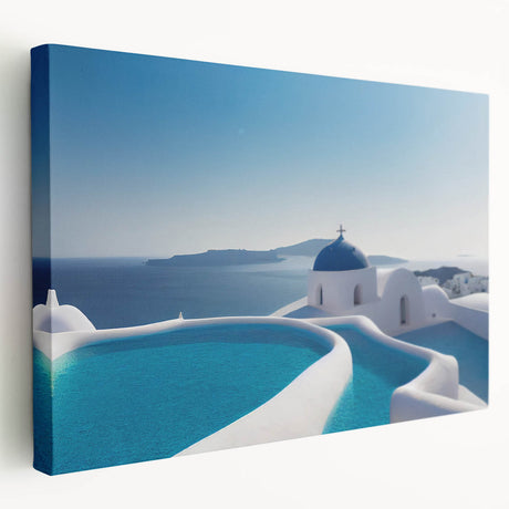 Side view of a stretched canvas featuring a serene Santorini landscape in vibrant blue and white tones.