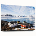 Large abstract wall art depicting a Greenland scenery in muted greens and blues on acrylic glass.