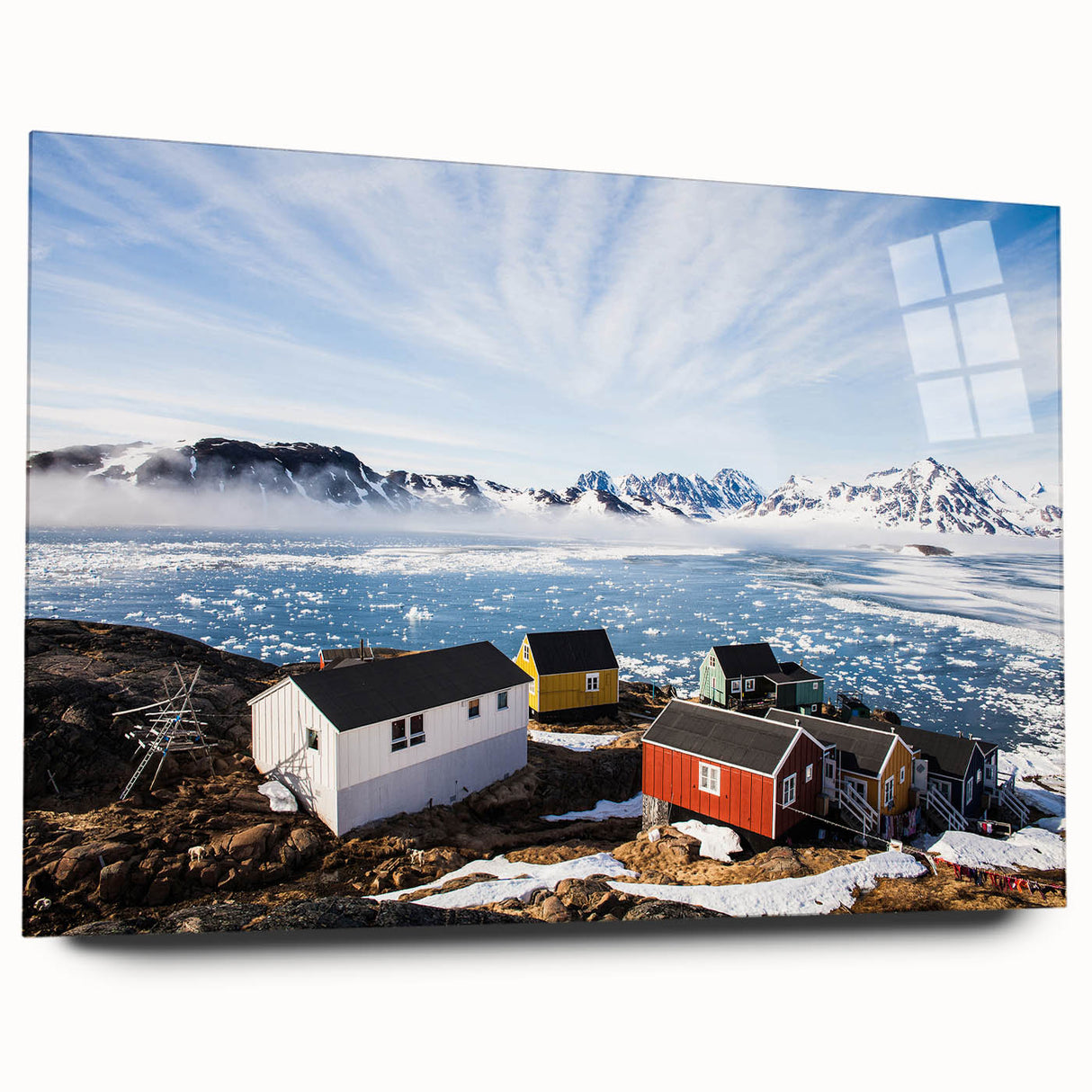 Large abstract wall art on acrylic glass depicting Greenland scenery in muted green and blue tones.