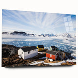 Large abstract wall art on acrylic glass depicting Greenland scenery in muted green and blue tones.