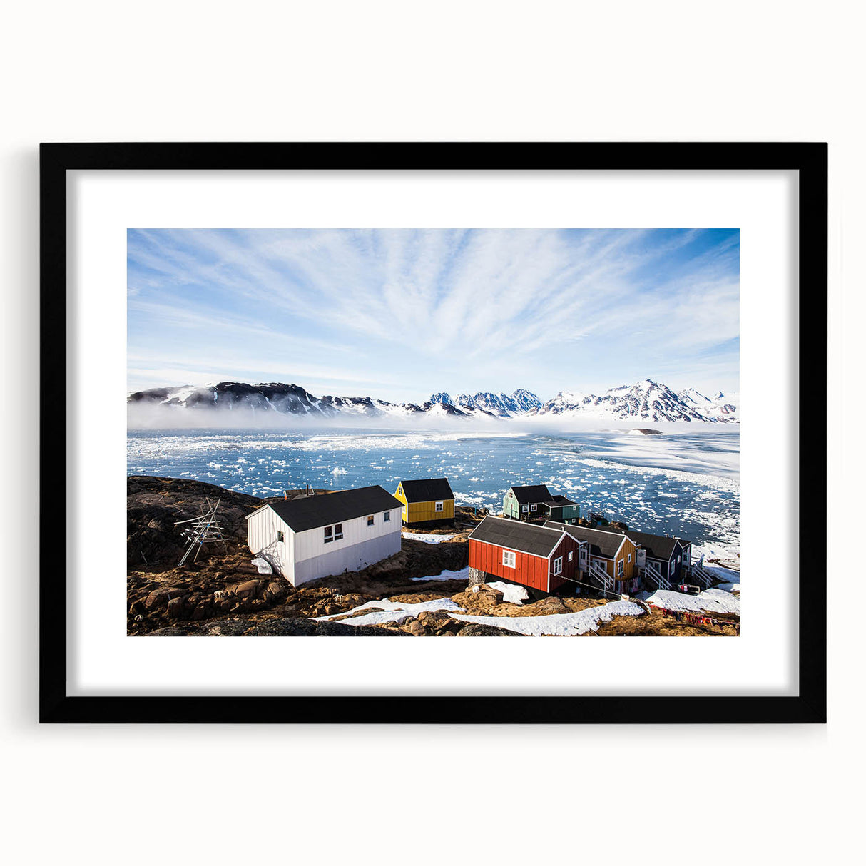 Abstract art print of a colorful, textured European Greenland scenery on an extra-large framed canvas.