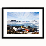 Abstract art print of a colorful, textured European Greenland scenery on an extra-large framed canvas.