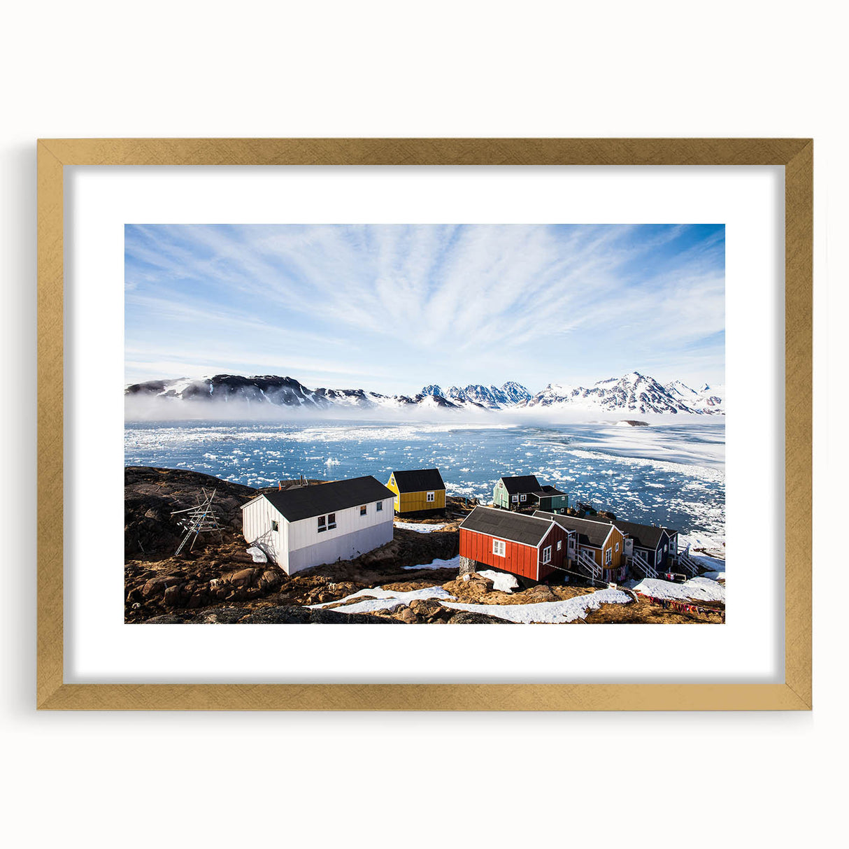 Abstract art print of a Greenland landscape in muted green and blue tones on a framed canvas, suitable for dining room decor.