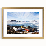 Abstract art print of a Greenland landscape in muted green and blue tones on a framed canvas, suitable for dining room decor.