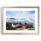 Extra large abstract art print of a textured Greenland scenery in muted green and blue tones, framed with a silver mat.