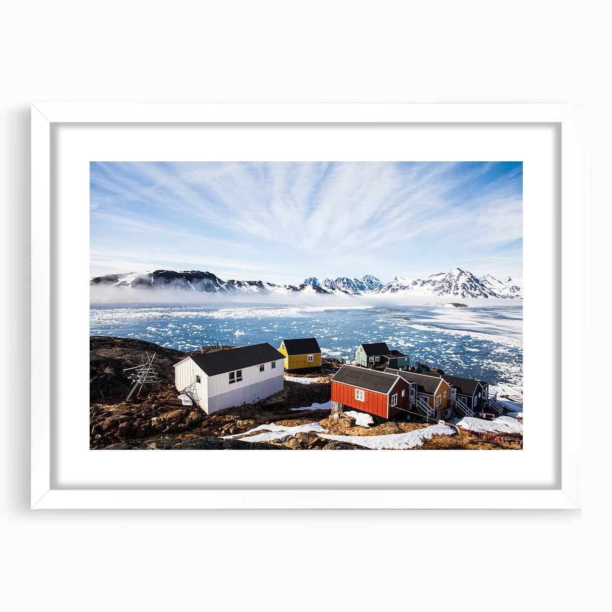 Textured abstract art print of a Greenlandic landscape in muted green and blue tones, framed with a white mat.