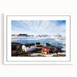 Textured abstract art print of a Greenlandic landscape in muted green and blue tones, framed with a white mat.