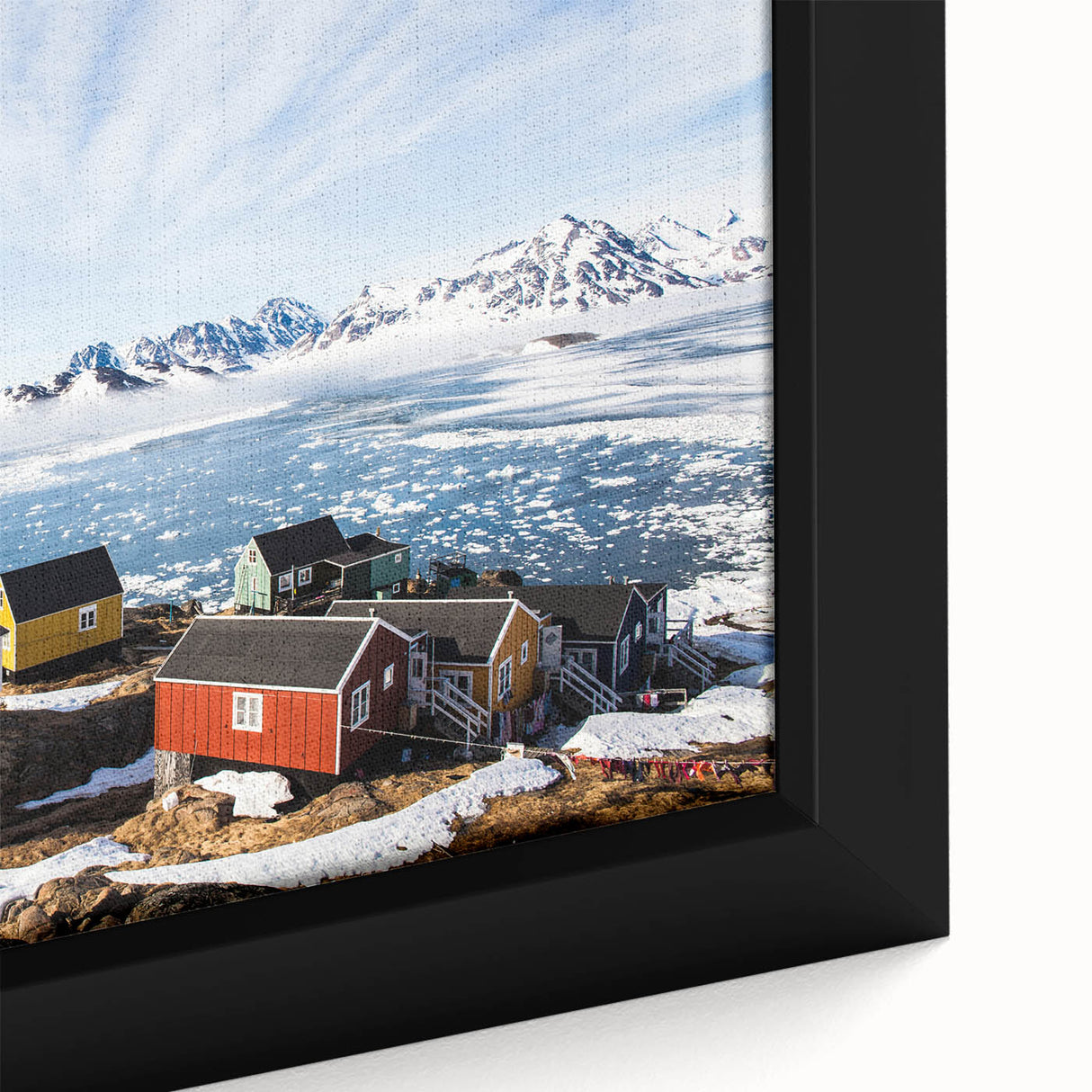 Black wall art featuring a textured Greenland scenery on a framed canvas, with vibrant green tones.