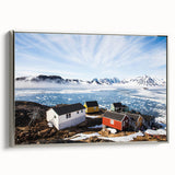 Framed canvas depicting a vintage-style Greenland landscape with muted green and black tones, suitable for office decor.