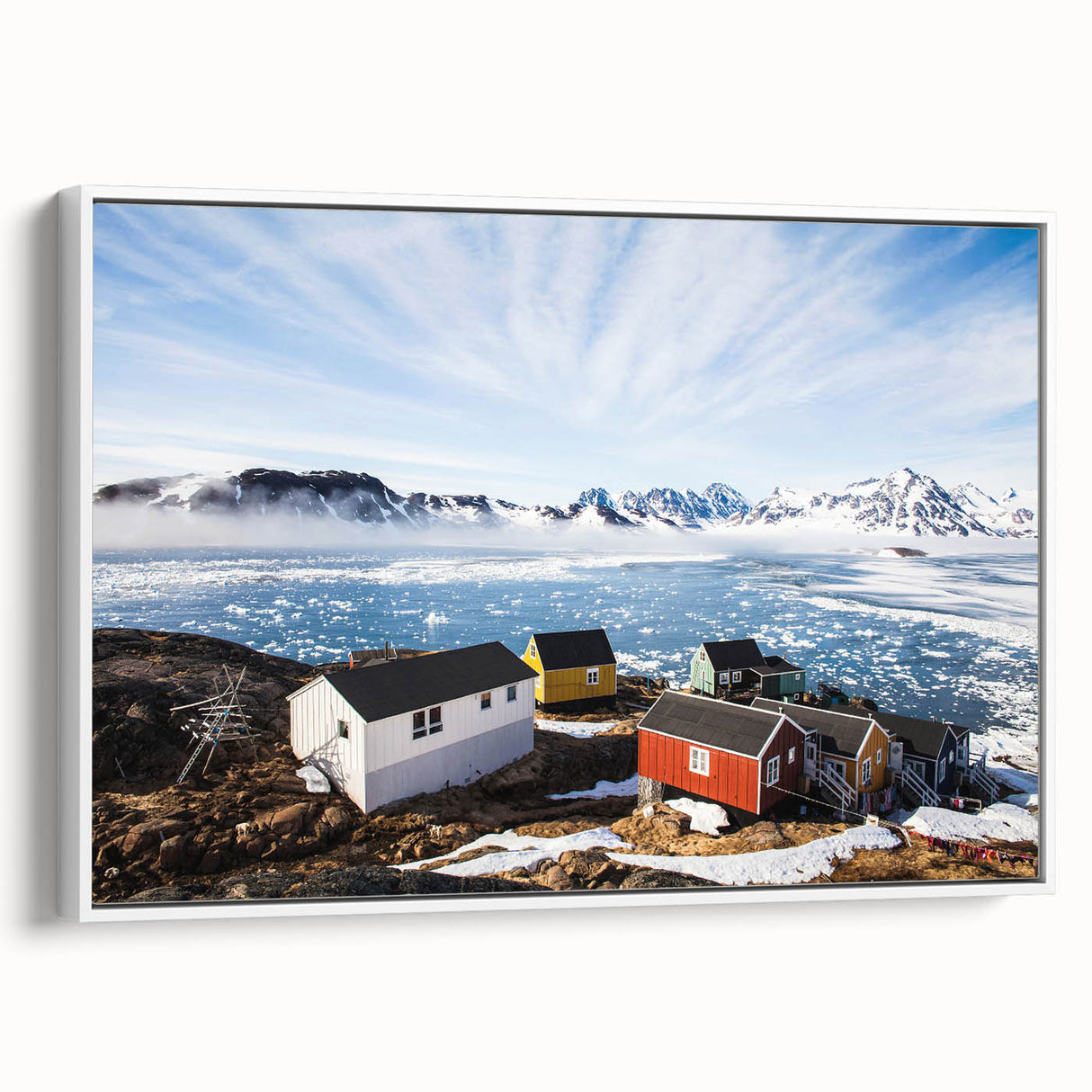 Vintage poster art of a Greenland scenery, featuring vibrant green and blue tones on a framed canvas.