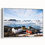 Vintage poster art of a Greenland scenery, featuring vibrant green and blue tones on a framed canvas.