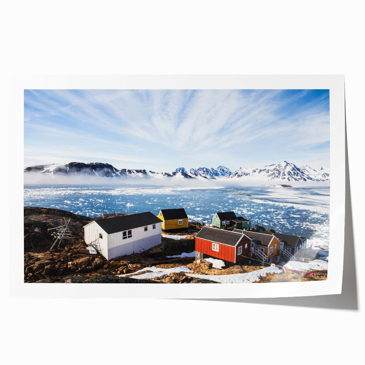 Greenland scenic landscape on rolled print, featuring soft green and blue tones, ideal for dining room wall art.