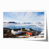 Greenland scenic landscape on rolled print, featuring soft green and blue tones, ideal for dining room wall art.