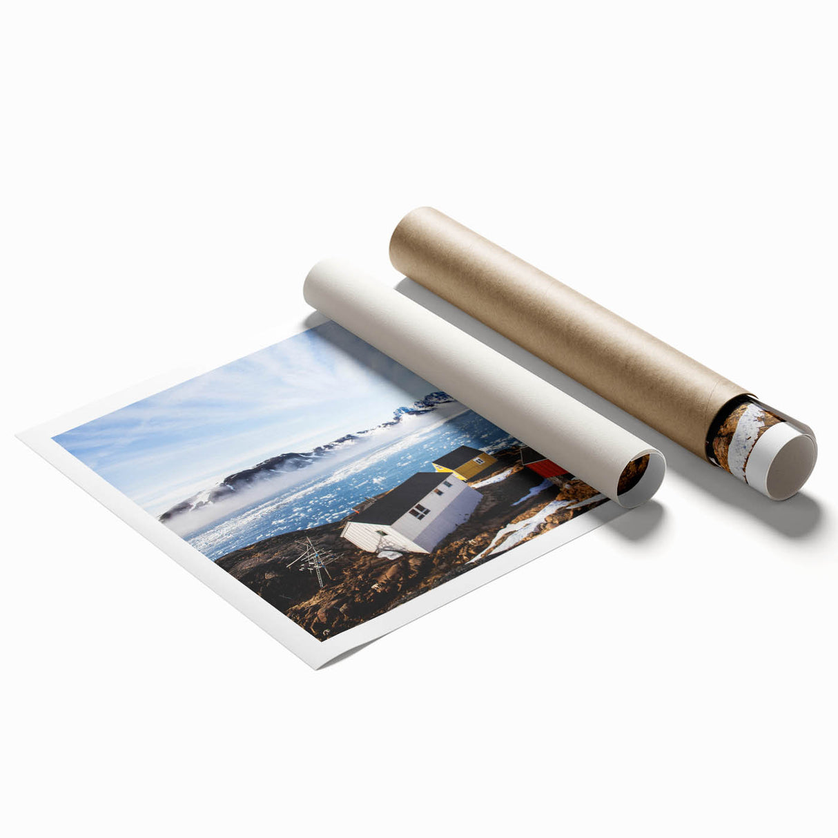 Extra large rolled print depicting a serene Greenland landscape in muted green and blue tones.