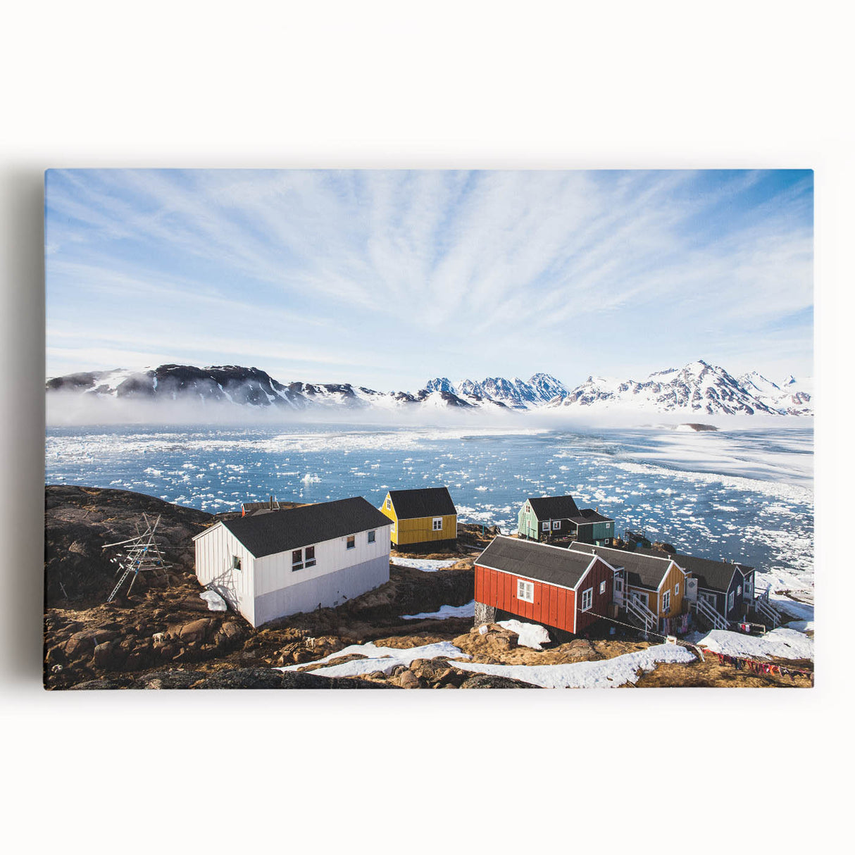 Black and white photograph of a Greenland landscape on stretched canvas, ideal for kitchen wall art.