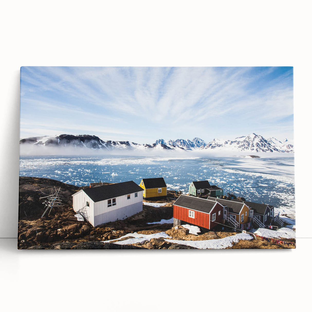 Large black and white photo of a Greenland landscape on stretched canvas, suitable for kitchen wall art.