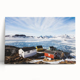 Large black and white photo of a Greenland landscape on stretched canvas, suitable for kitchen wall art.
