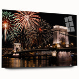 Large abstract wall art depicting a European scenery in muted green and blue tones on acrylic glass.