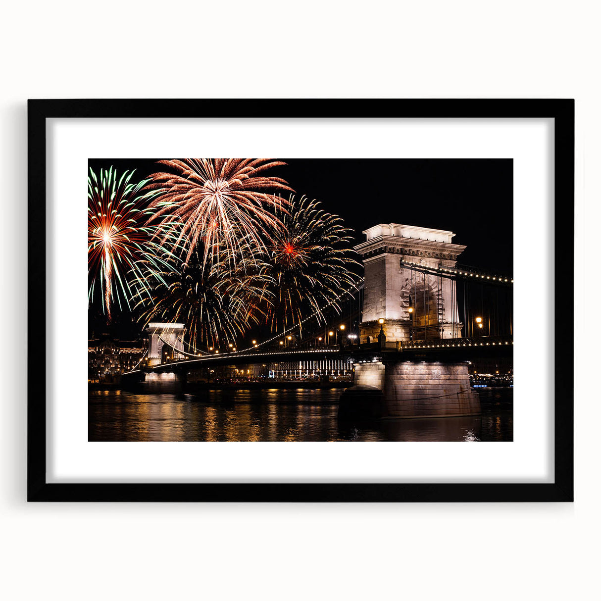 Colorful abstract art print of a European scenery in vibrant hues, framed with a black mat, ideal for living room decor.
