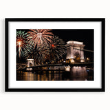 Colorful abstract art print of a European scenery in vibrant hues, framed with a black mat, ideal for living room decor.