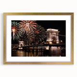 Abstract art print of a European scenery in muted gold and green tones, framed with a gold mat, ideal for dining room decor.