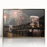 Art deco poster featuring a vibrant European cityscape in gold and blue hues, acrylic print framed.