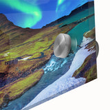 Large abstract wall art featuring a misty Icelandic landscape in muted gray and blue tones on acrylic glass.