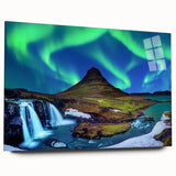 Large abstract wall art of a serene Icelandic landscape, rendered in muted blue and green hues on acrylic glass.
