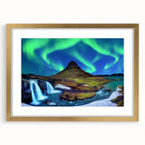 Abstract art print depicting a serene Icelandic landscape in muted blue and green tones, framed in gold.