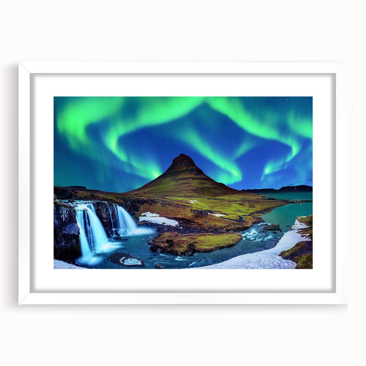 Textured art print of an abstract Icelandic scenery in muted earth tones on a white framed mat, suitable for bedroom decor.