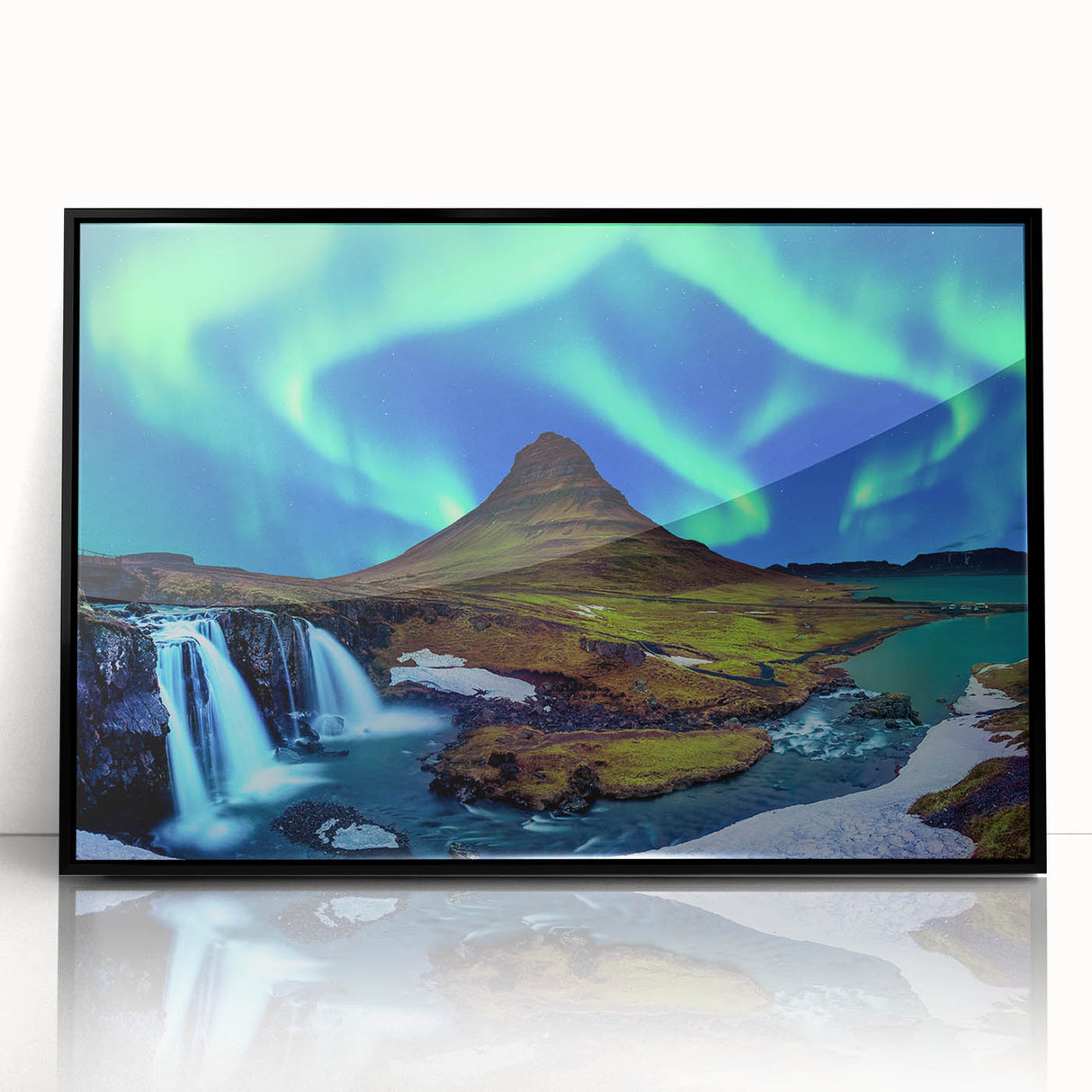 Large abstract wall art depicting a European Icelandic landscape in muted gray and blue tones, framed in black acrylic.