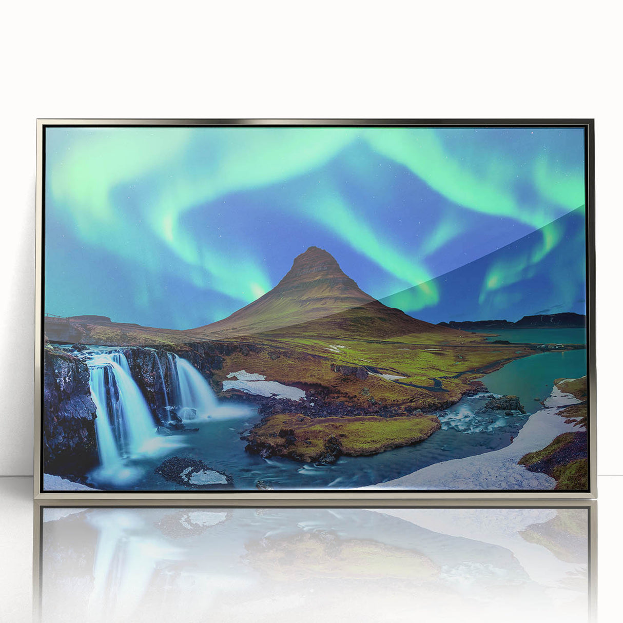 Large art print of a serene Icelandic landscape in muted blue and gray tones on framed acrylic.