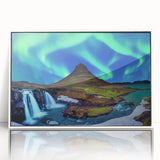 Mid-century modernist art depicting a serene Iceland landscape in muted earth tones on a framed acrylic.