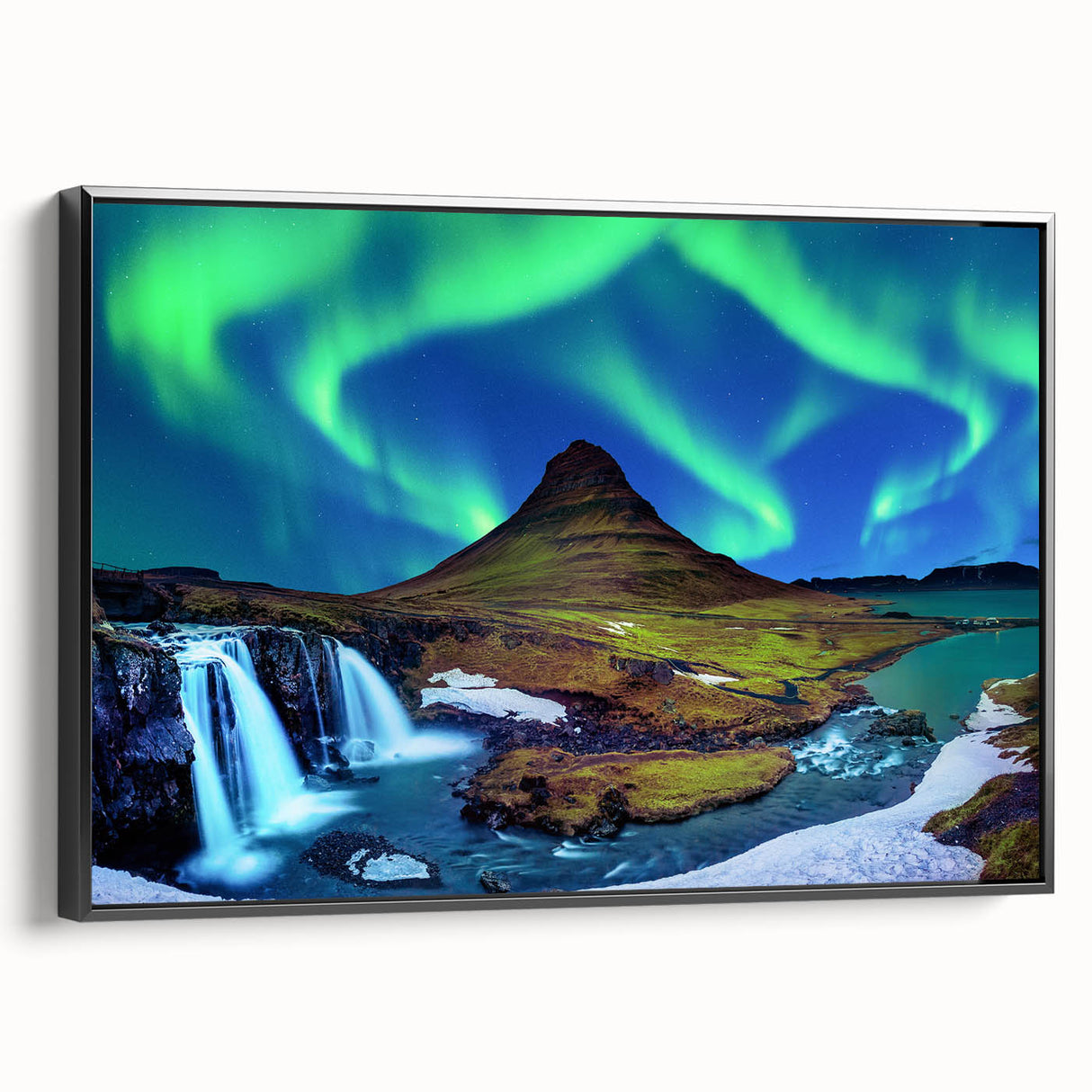 Black and white landscape art of Iceland on framed canvas, ideal for bedroom wall decor.