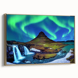 Framed canvas featuring a vintage-style Icelandic landscape in muted gold and black tones, ideal for bedroom wall art.