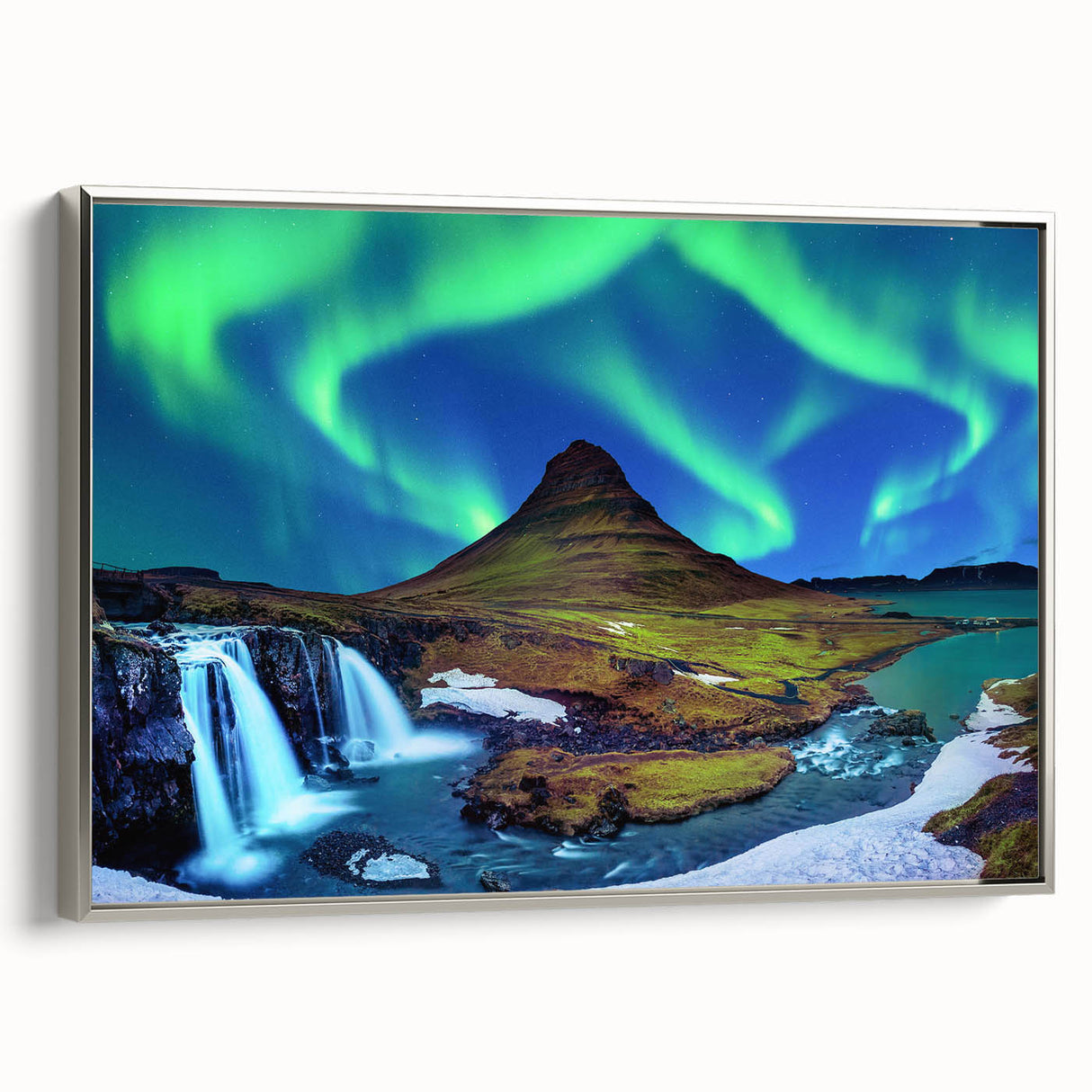 Framed canvas featuring a vintage-style landscape painting of an Icelandic scenery in muted earth tones.