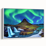 Vintage poster art of an Icelandic landscape on a framed canvas, featuring a colorful palette ideal for living room decor.