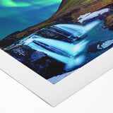 Art deco poster featuring a serene Icelandic landscape in muted blue and green tones on rolled canvas.