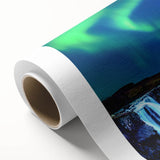 Art deco poster of a serene Icelandic landscape with muted blue and green tones, on rolled canvas.