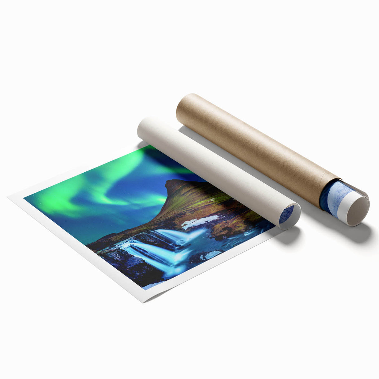 Rolled print of a serene Icelandic landscape, featuring muted green and blue tones, ideal for classy bathroom wall art.