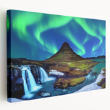 Landscape painting of Iceland's scenery on a stretched canvas, featuring muted green and blue tones.