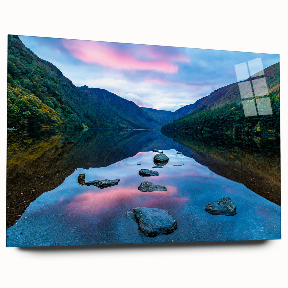 Large abstract wall art depicting a serene Irish landscape in muted green and blue tones on acrylic glass.