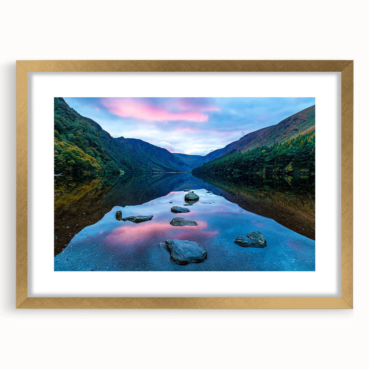 Abstract art print of a European scenery in Ireland, featuring earthy green tones on a gold-framed canvas.