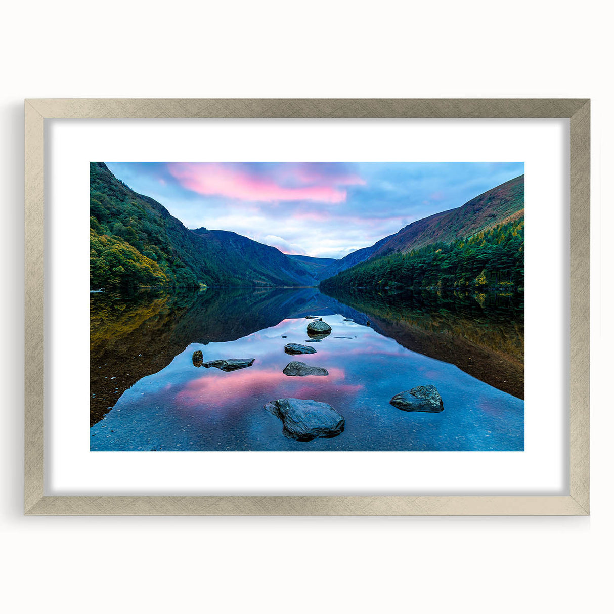 Extra large abstract art print of a textured European scenery in muted earth tones, framed in silver.